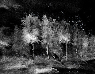 Watercolor autumn trees of  blue, night color. Autumn forest,hill. Winter New Year, Christmas, frosty landscape. Watercolor art background.Beautiful splash of paint. Abstract creative background.