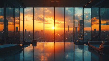 Fototapeta premium The futuristic office space overlooks stunning city landscapes through towering windows, showcasing a modern work environment filled with natural light and stylish design.