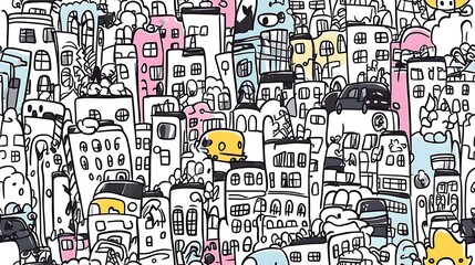 A seamless doodle pattern featuring a bustling cityscape with towering skyscrapers, cars, buses, streetlights, and pedestrians, all arranged in a dynamic, energetic layout.