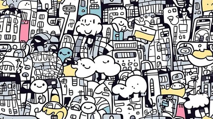Obraz premium A seamless doodle pattern featuring a bustling cityscape with towering skyscrapers, cars, buses, streetlights, and pedestrians, all arranged in a dynamic, energetic layout.