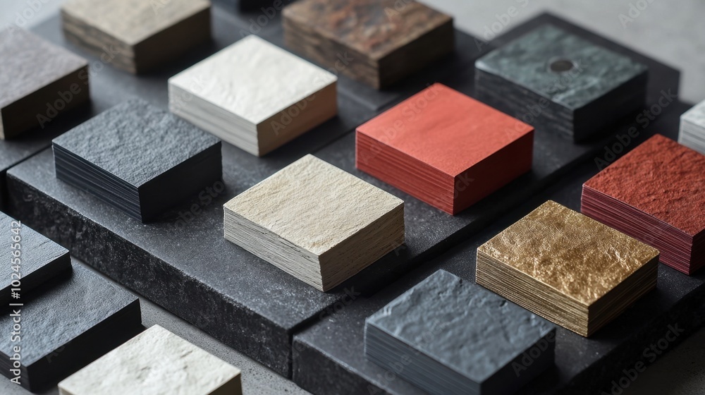 Poster Colorful array of textured samples arranged on a flat surface showcases diverse materials for design inspiration and creativity