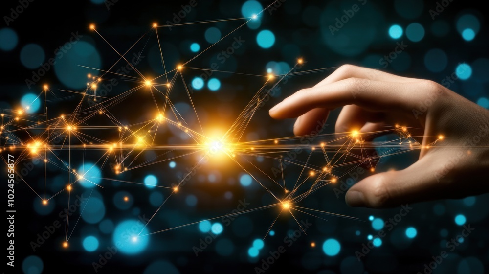 Poster hand interacting with glowing network of lines and nodes