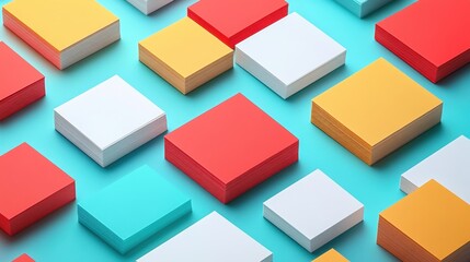 Obraz premium Colorful stacked paper squares arranged in a vibrant pattern on a bright blue background delight viewers with artistic potential