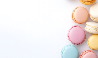 Obraz premium Close up of vibrant macarons against a white backdrop , Generative AI