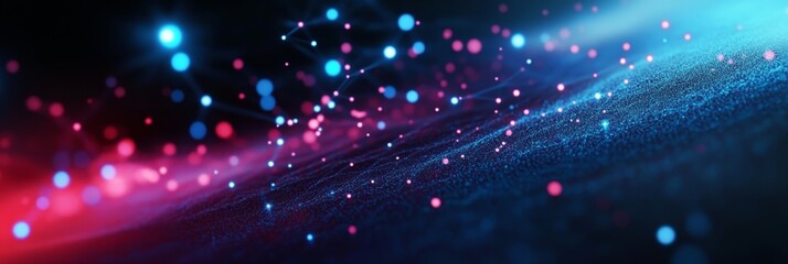 Obraz premium Abstract Blue And Red Particles Background, Digital Wave With Connected Dots, Technology Background.