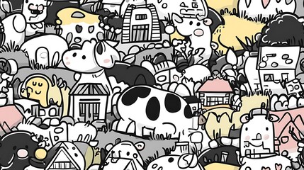 A seamless doodle pattern featuring a lively farm scene filled with cows, chickens, barns, tractors, and bales of hay, all arranged in a playful, overlapping layout. Soft outlines and vibrant colors,