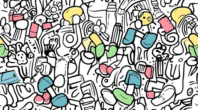 A seamless doodle pattern featuring a dynamic fitness scene filled with dumbbells, yoga mats, sneakers, water bottles, and people in various exercise poses, all arranged in a rhythmic, flowing layout.