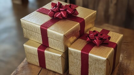 Obraz premium A trio of elegant gold gift boxes tied with shiny red ribbons. The boxes are wrapped in luxurious