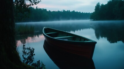 Obraz premium A foggy morning on a quiet lake, with a lone boat floating gently on the water