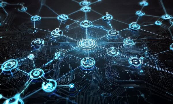 A digital network representation with interconnected nodes and circuits.