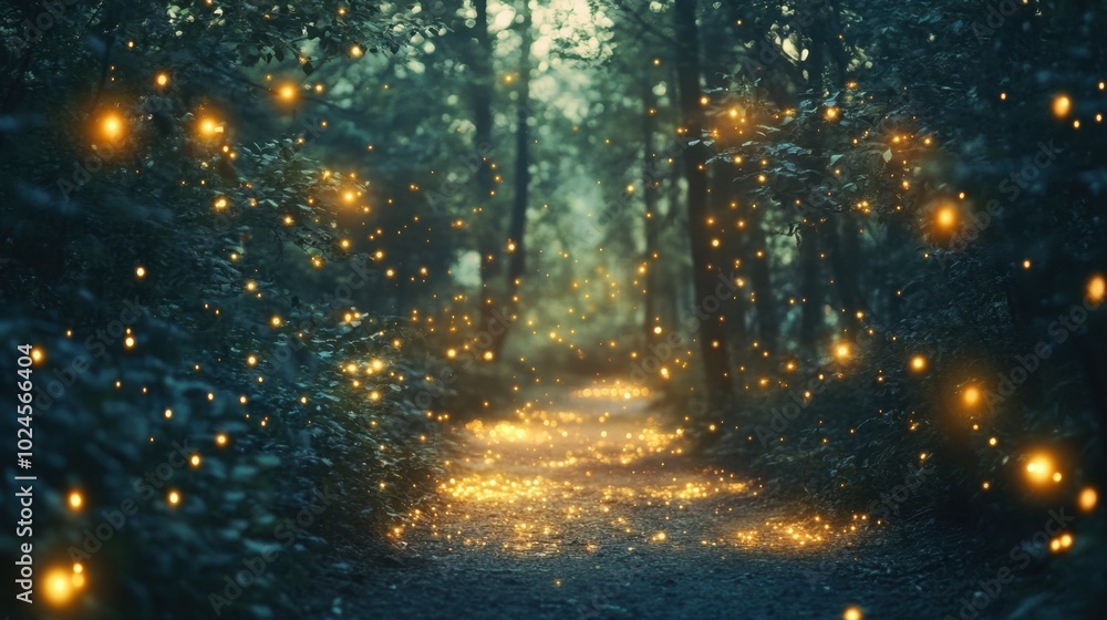Poster Enchanted forest path illuminated by magical fireflies during twilight in a serene woodland setting