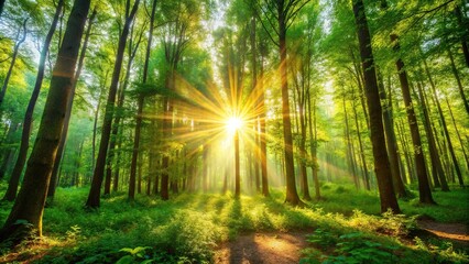 Fototapeta premium Sun shining through trees in summer forest