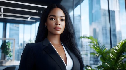 Fototapeta premium Confident and composed businesswoman stands in the interior of a modern high rise office building exuding professionalism and a sense of purpose