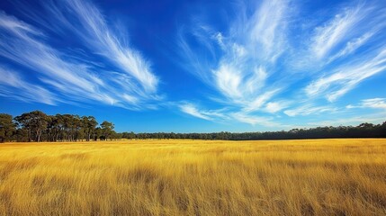 Fototapeta premium A vast open field of golden grass under a bright blue sky filled with scattered, soft clouds