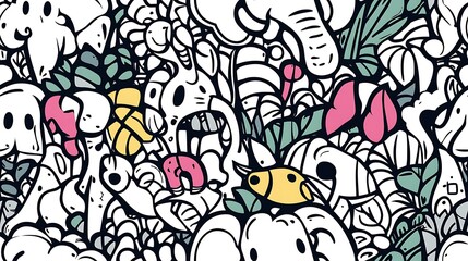 Fototapeta premium A seamless doodle pattern featuring a vibrant jungle scene filled with elephants, lions, zebras, giraffes, and exotic birds, all arranged in a dynamic, flowing design. Bright,