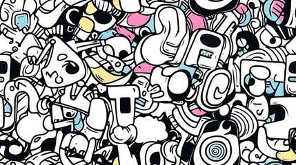 Naklejka premium A seamless doodle pattern featuring a vibrant music festival scene filled with electric guitars, speakers, records, headphones, and swirling music notes, all arranged in a dynamic and rhythmic layout.