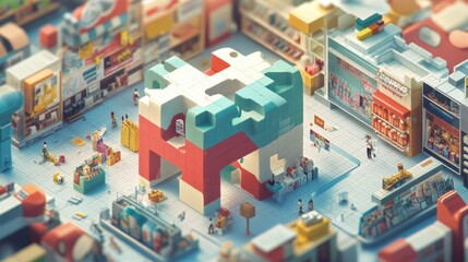 Vibrant toy-like building in a bustling market, showcasing creativity and playfulness among shoppers in a lively setting