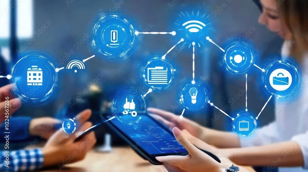 Poster People Using Tablets with Digital Icons Representing Modern Business and Technology