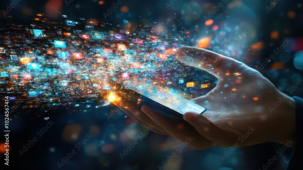 Poster a hand reaching out to touch a smartphone, surrounded by a dazzling array of vibrant digital icons a