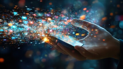 A hand reaching out to touch a smartphone, surrounded by a dazzling array of vibrant digital icons and colorful light particles in a night setting