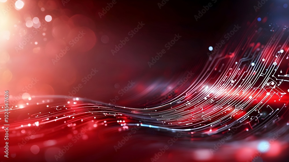 Poster futuristic red light glowing data stream with particles on a dark background forming a tech banner t