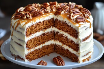 fall desserts, pumpkin spice cake with cream cheese frosting, adorned with pecans and caramel drizzle
