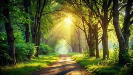 Obraz premium Sunlight filtering through trees creating silhouette on peaceful forest path