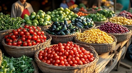 Colorful baskets of fresh produce on a market stall.