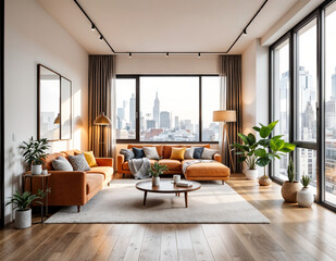 Fototapeta premium Modern Apartment Living Room Design with City View