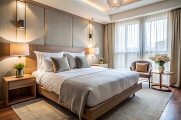 Indulge in a stylish minimalist hotel room, complete with a plush bed and soft white linens, creating an ideal retreat for ultimate relaxation and comfort.