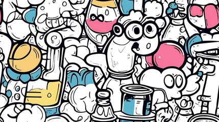 A seamless doodle pattern of a colorful science lab, featuring beakers, test tubes, microscopes, chemical symbols, and atom models arranged in a lively and balanced layout.