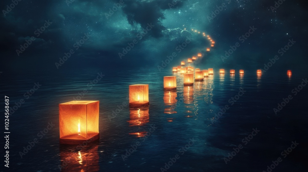 Poster Enchanting lanterns float serenely on a tranquil lake under a starlit sky, creating a magical pathway of light at dusk