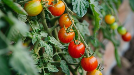 fresh, healthy and ripe red tomatoes hanging on bush plant