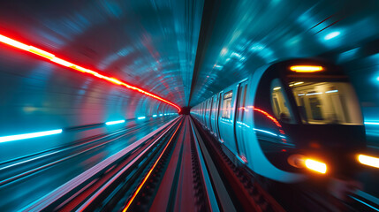 Subway train speeding through a tunnel illuminated by blue and red lights
