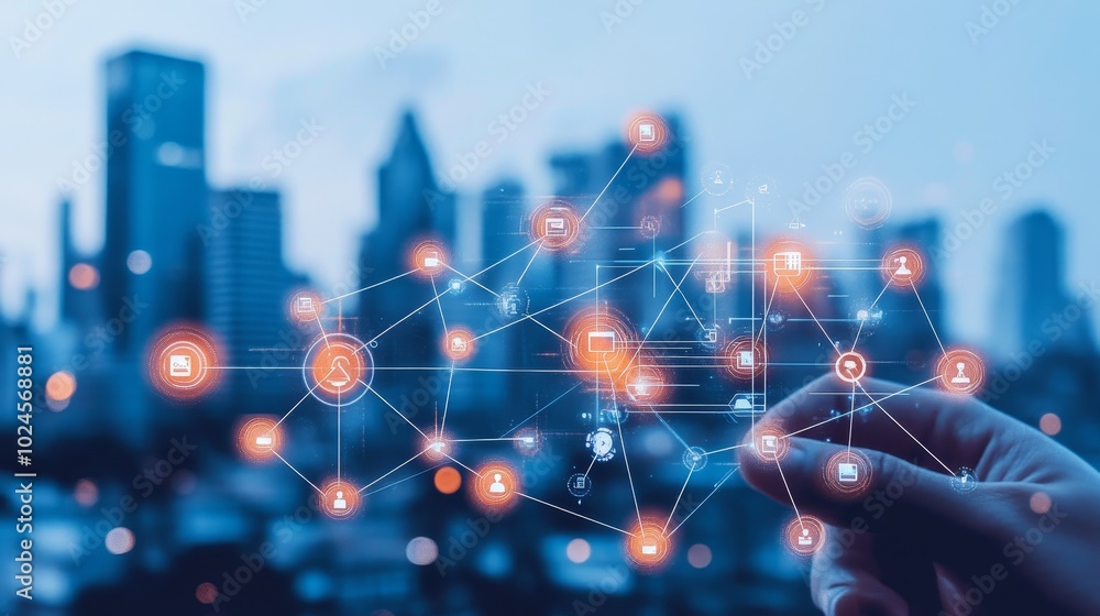 Poster artificial intelligence enhancing digitalization in urban development, streamlining paperwork, optim