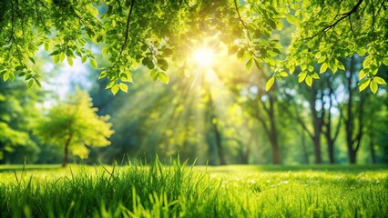 Sunlit green grass and tree leaves from worm's eye view