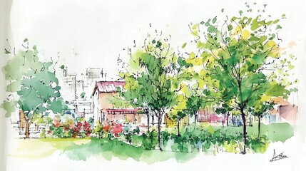 Watercolor of community garden with trees, flowers, and houses, symbolizing urban green spaces.