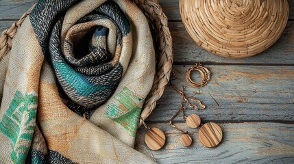 Knitted woolen sweaters in pastel colors are stacked to create a cozy winter autumn vibe with a cup of coffee nearby on a wooden background showcasing a fashionable style with copy space image