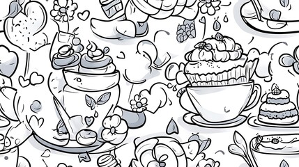 A seamless doodle pattern of a cozy tea time, featuring teapots, teacups, plates of pastries, teaspoons, and floral elements arranged in a balanced, delicate layout.
