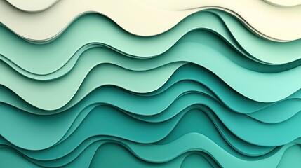 Abstract background with layered wavy shapes in shades of teal and cream creating a 3D paper cut effect for design and texture purposes.