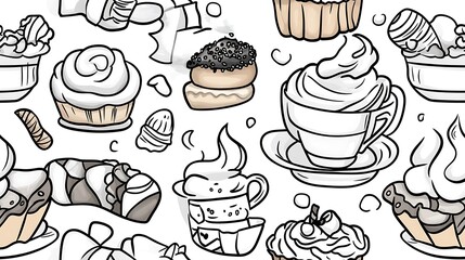 A seamless doodle pattern of a cozy vintage bakery, featuring various pastries like eclairs, tarts, croissants, muffins, and delicate teacups with steam swirling above.