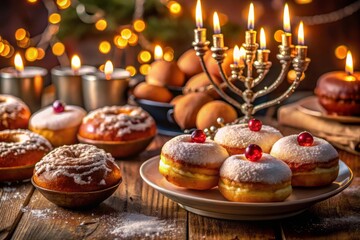 Obraz premium In low light, these delightful Hanukkah donuts shine with decorative touches, creating a festive atmosphere ideal for joyous celebrations and holiday gatherings.