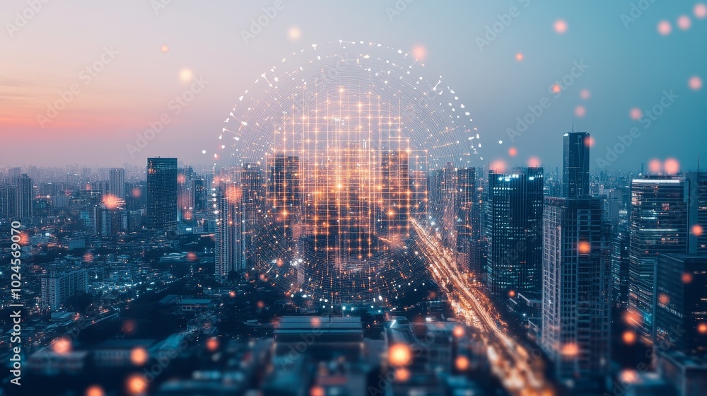 Poster artificial intelligence enhancing digitalization in urban development, streamlining paperwork, optim