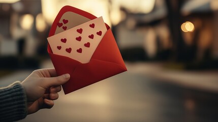 A hand holding a red envelope with a love letter adorned with small red hearts, creating a romantic atmosphere during sunset outdoors