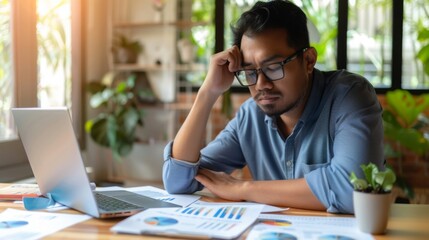 Obraz premium Focused businessman at desk with financial documents and laptop displaying earnings reports, conveying determination and attention to financial data analysis.