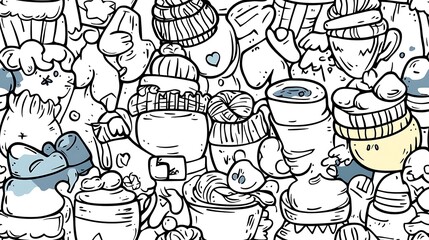 A seamless doodle pattern of a cozy winter, featuring warm mittens, knit sweaters, hot chocolate mugs, woolen hats, and scarves arranged in a lively and balanced layout.