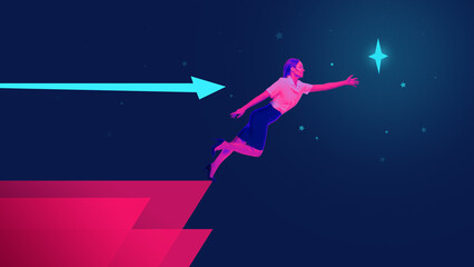 Woman is launched forward by arrow, reaching for star. Flying toward goals and aspirations....