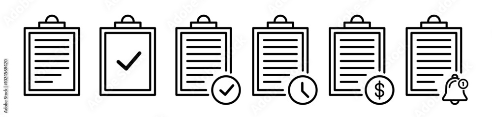 Poster clipboard icon set. checklist with file document. outline clip board paper test with checkmark. note