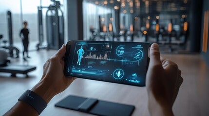 AI-driven fitness tracker, holographic health metrics, tech-enhanced gym