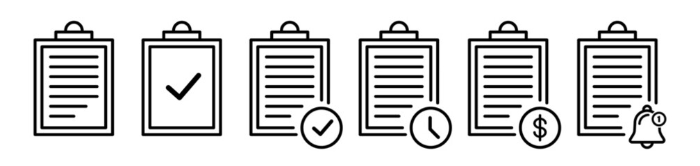 Clipboard icon set. Checklist with file document. Outline clip board paper test  with checkmark. Notepad symbol. Vector illustration. © Bohdan